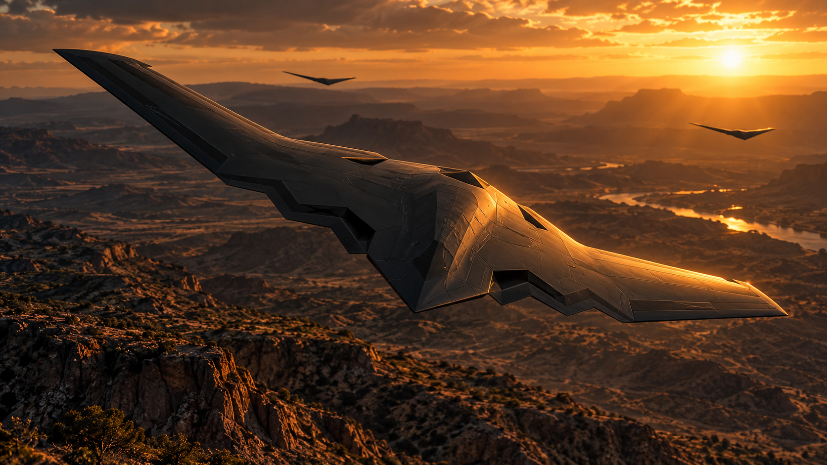 Concept rendering of a B-2-inspired delta flying-wing UAV over rugged terrain